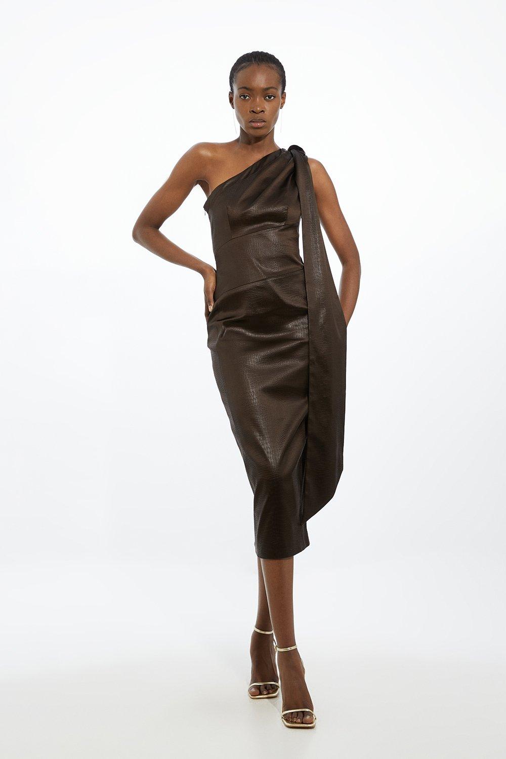 Italian Satin One Shoulder Bow Detail Tailored Midi Dress - Brown