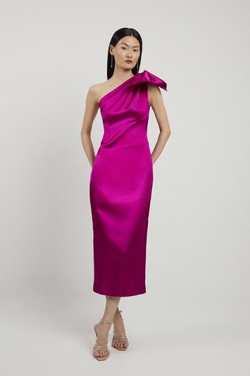 Italian Satin One Shoulder Bow Detail Tailored Midi Dress purple