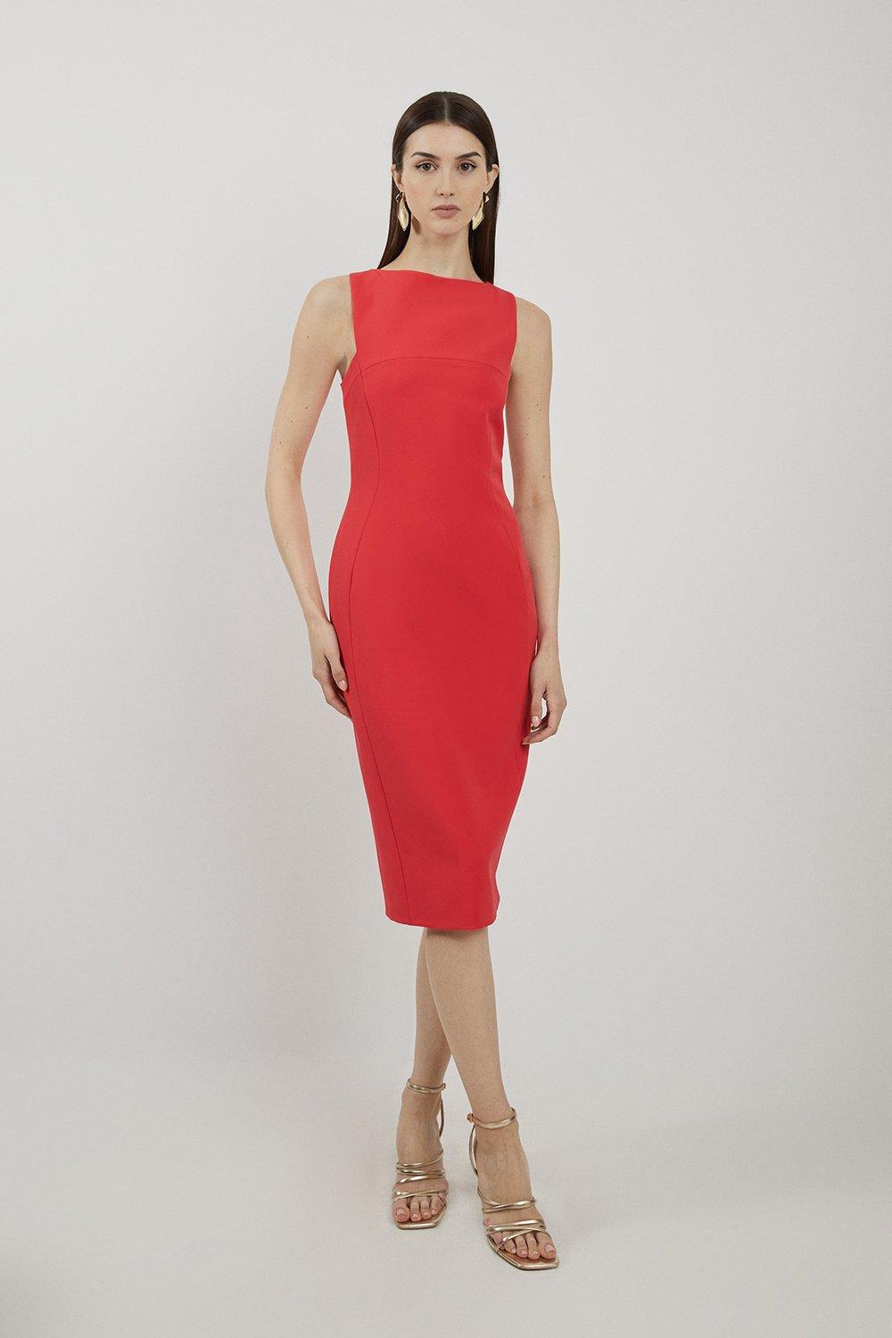 Petite Stretch Crepe Panelled Tailored Midi Dress - Red