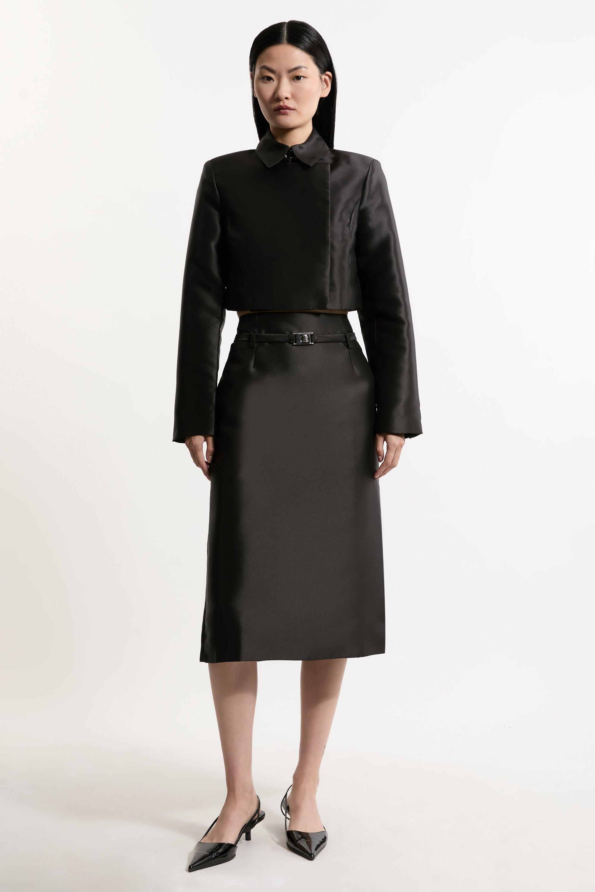 Satin Twill Belted Tailored Midi Skirt - Black