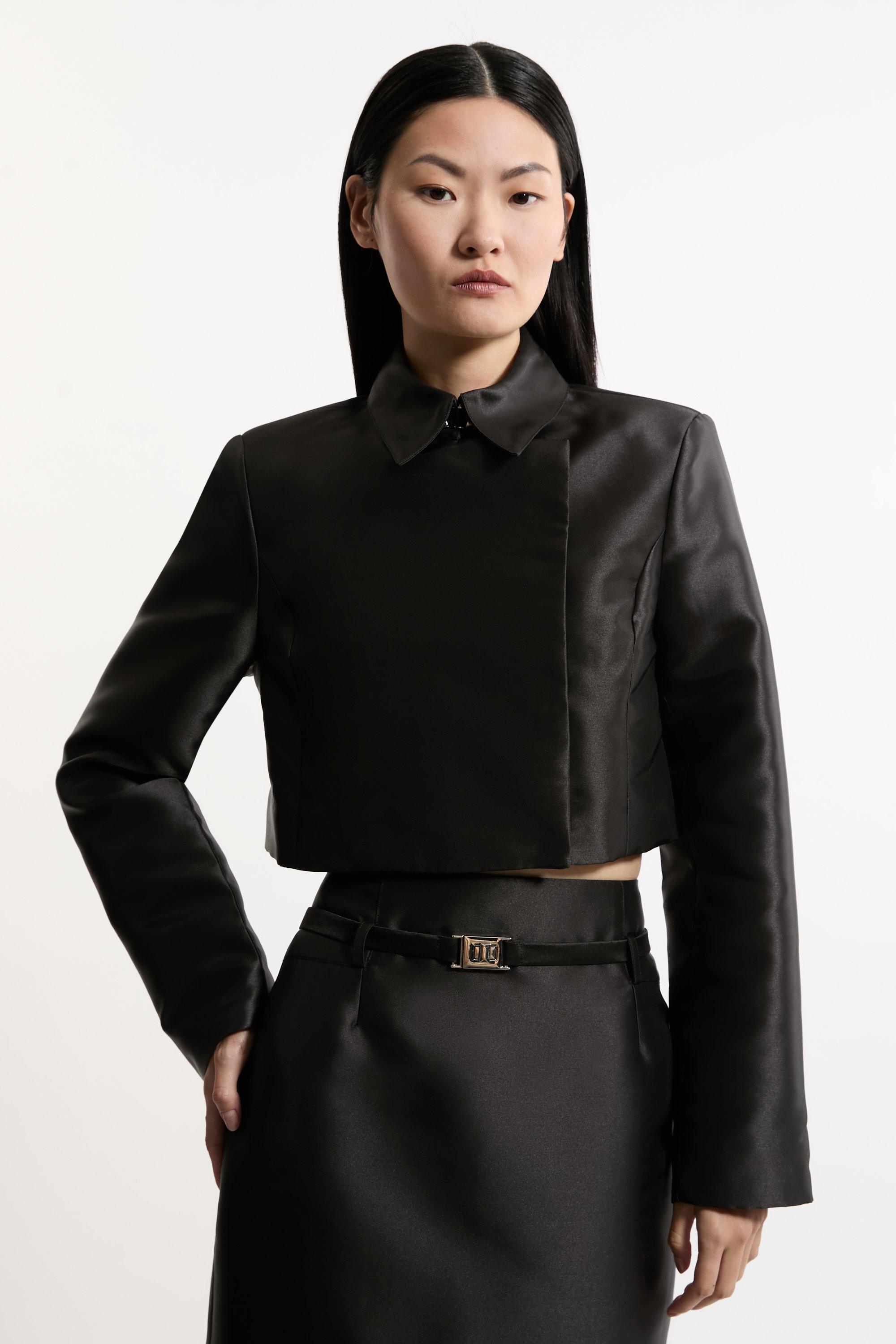 Satin Twill Cropped Wrap Tailored Jacket - Black