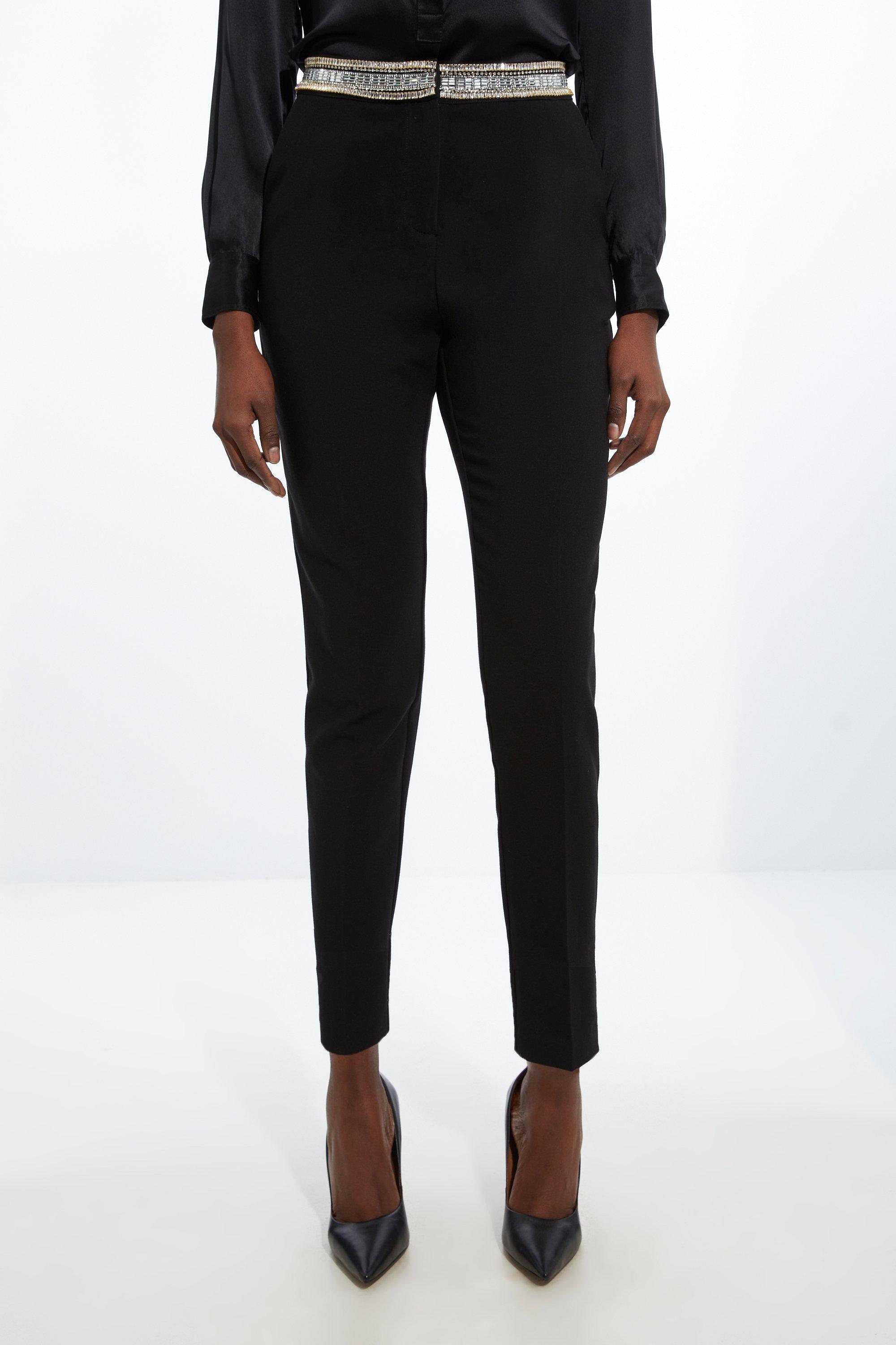 Embellished Waistband Slim Leg Tailored Trousers - Black