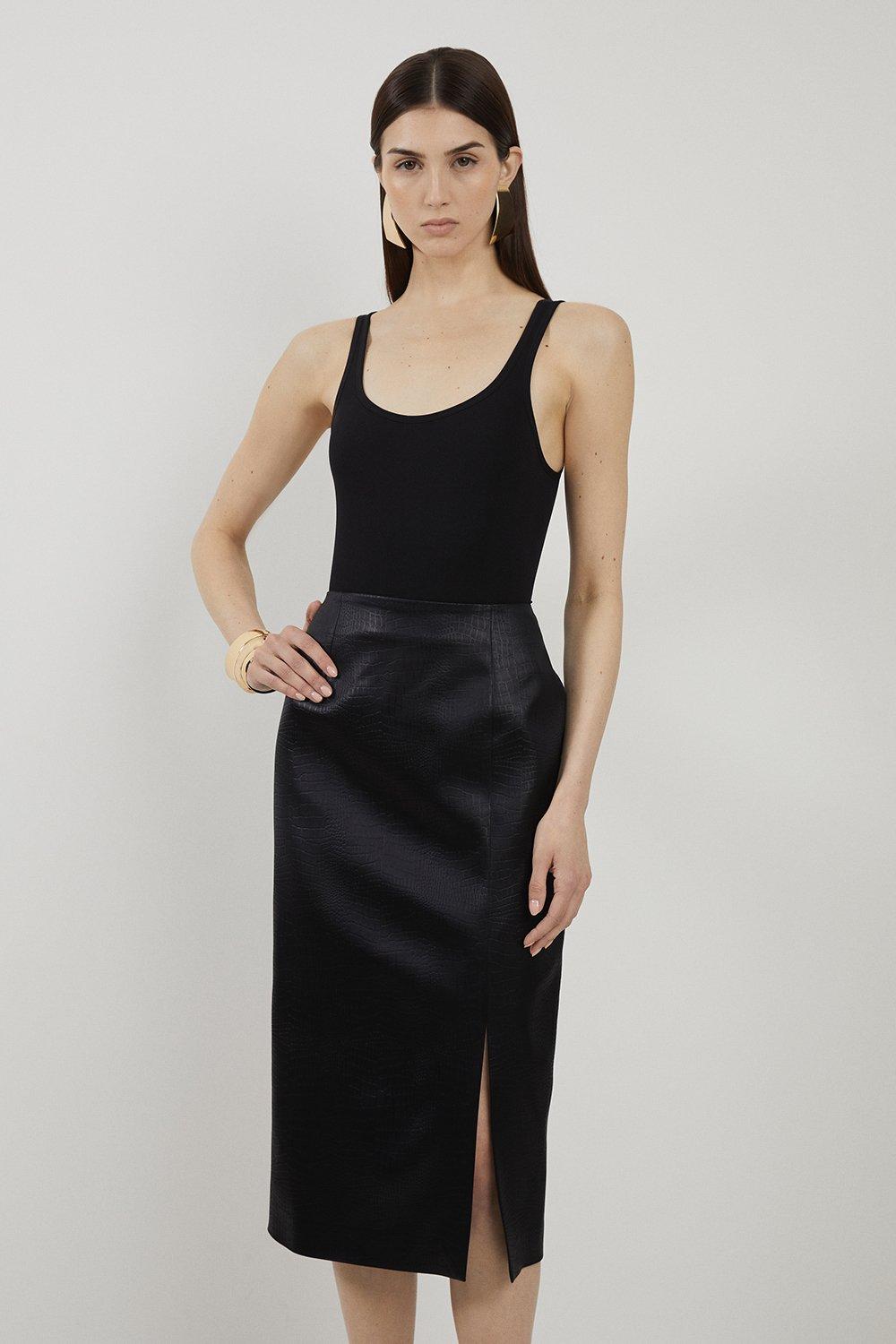 Textured Italian Satin Tailored Midi Skirt - Black