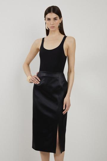 Black Textured Italian Satin Tailored Midi Skirt
