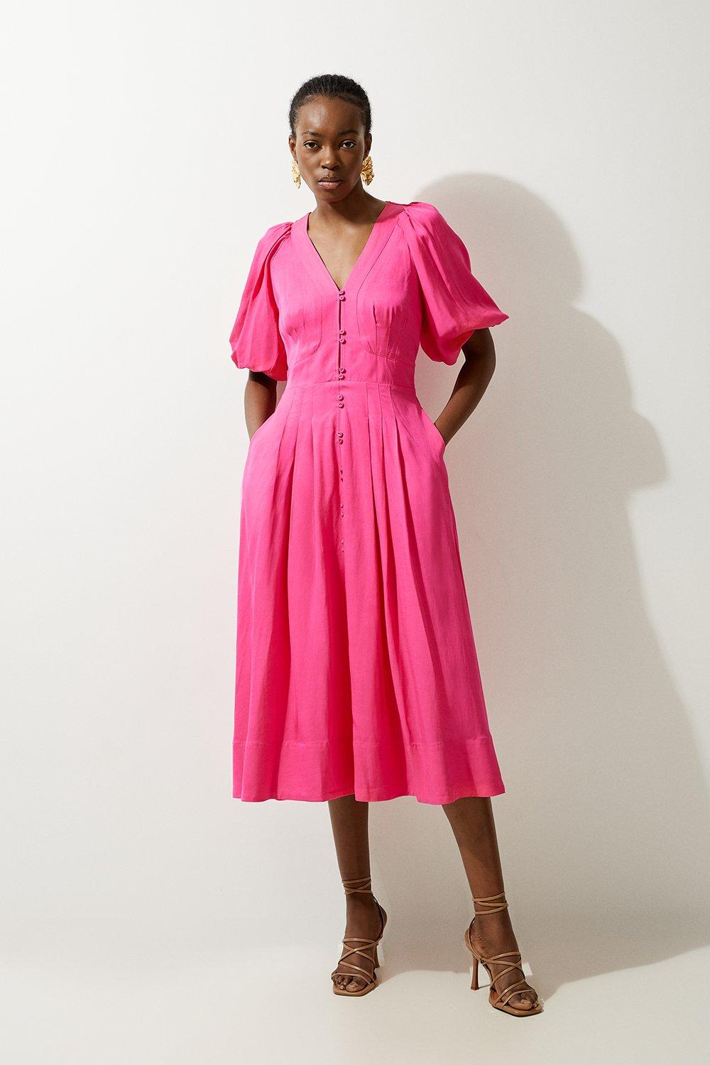 Viscose Linen Puff Sleeve Bow Detail Midaxi Dress - Pink