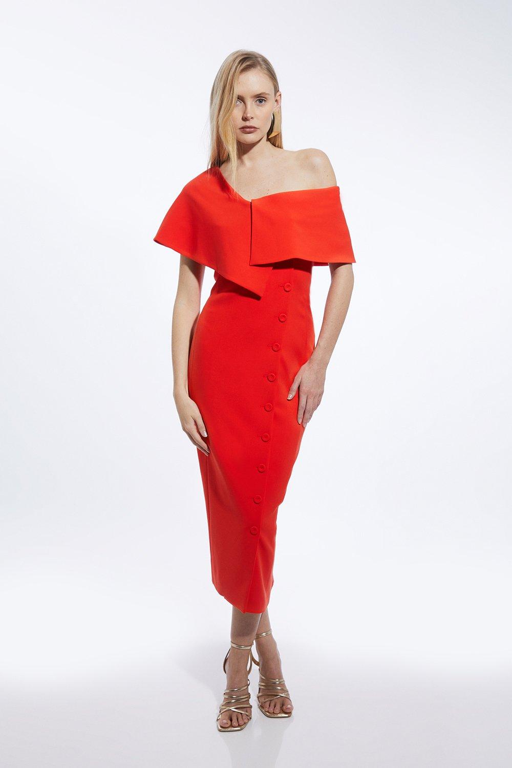 Tall Compact Stretch Off Shoulder Button Through Tailored Midaxi Pencil Dress - Tomato Red