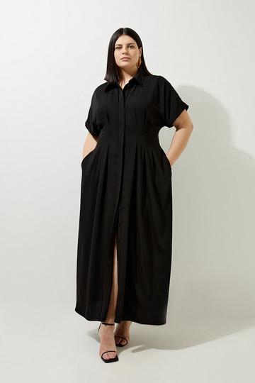 Black Plus Size Soft Tailored Belted Darted Midi Shirt Dress