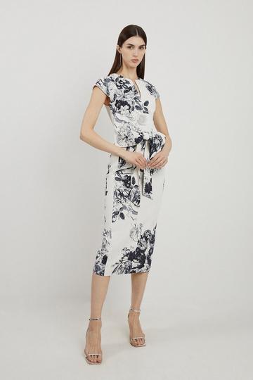 Tall Tailored Crepe Mono Floral Bow Detail Midi Dress mono