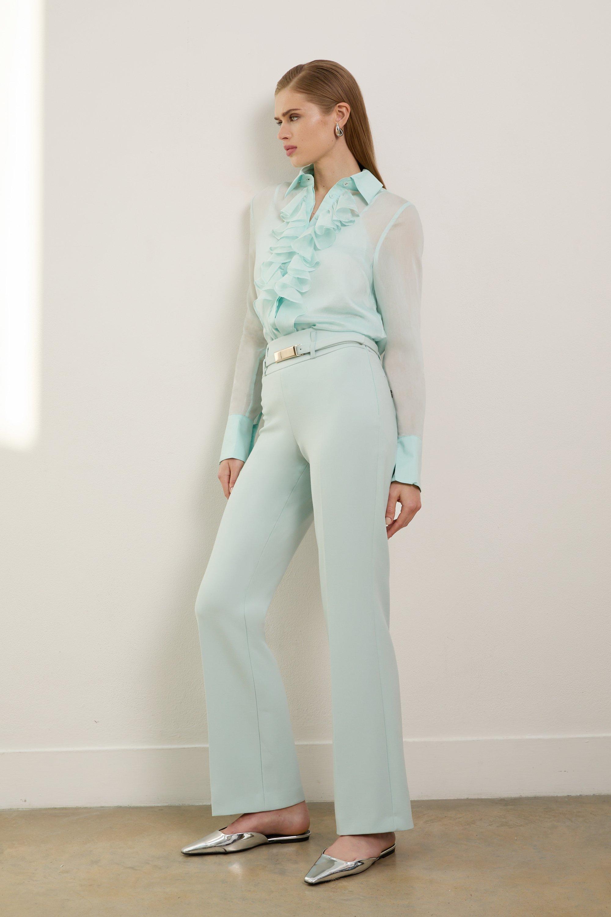 The Founder Petite Compact Stretch High Waisted Belted Straight Leg Trousers - Sage