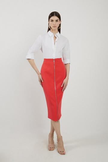 Red Stretch Crepe Colour Block Panelled Tailored Midaxi Skirt