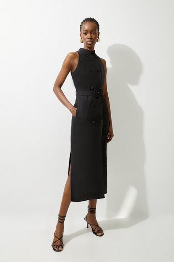 Black Fluid Tailored Double Breasted Belted Midi Dress