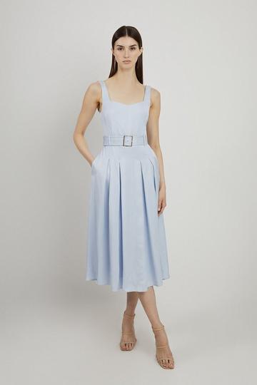 Blue Tailored Linen Belted Full Skirt Midi Dress