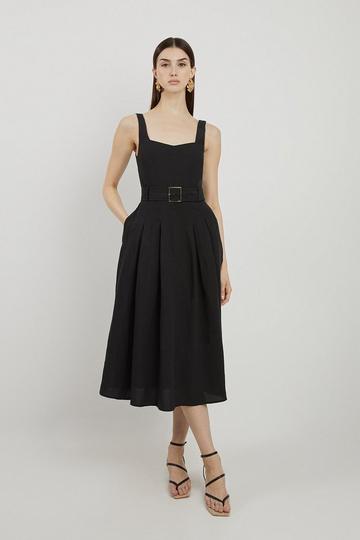 Black Fluid Tailored Belted Full Skirt Midi Dress