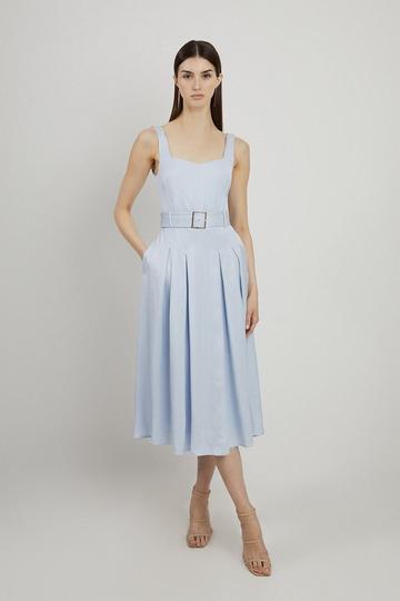 Blue Petite Premium Tailored Linen Belted Full Skirt Midi Dress
