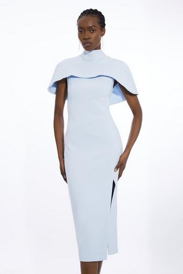 Blue Clean Tailored Caped Cap Sleeved Neck Tie Tailored Midi Dress
