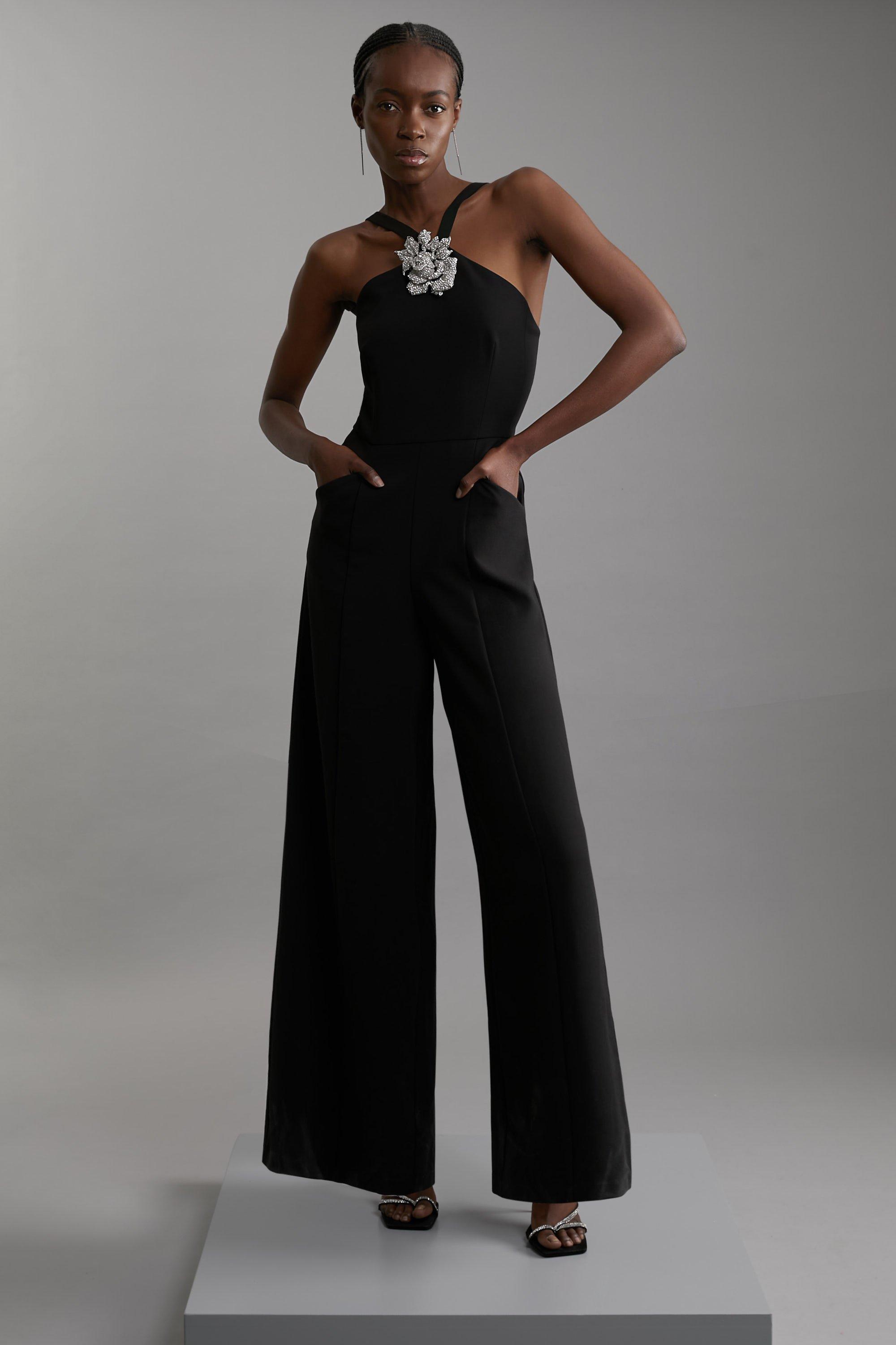 Petite Compact Stretch Viscose Crystal Embellished Rosette Straight Leg Tailored Jumpsuit - Black