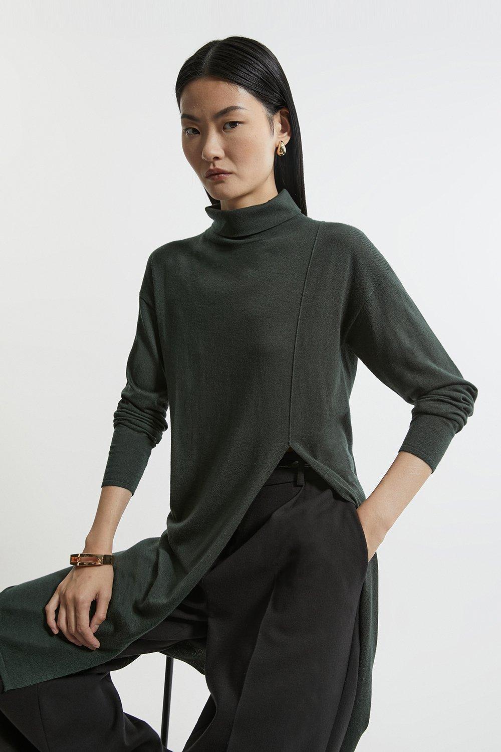 Tall Cashmere Blend Deep Slip Longline Knit Top - Olive