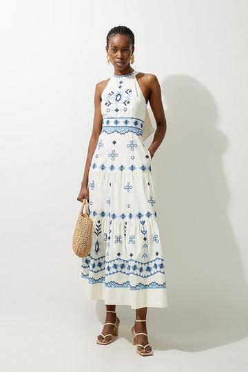 Petite Cotton Embroidered Woven Halter Maxi Dress blue
