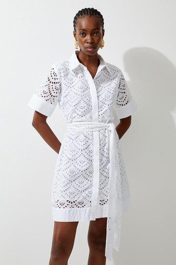 White Cotton Broderie Woven Belted Mini Dress