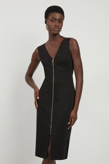 Black Italian Structured Stretch Zip Through Pencil Tailored Midaxi Dress