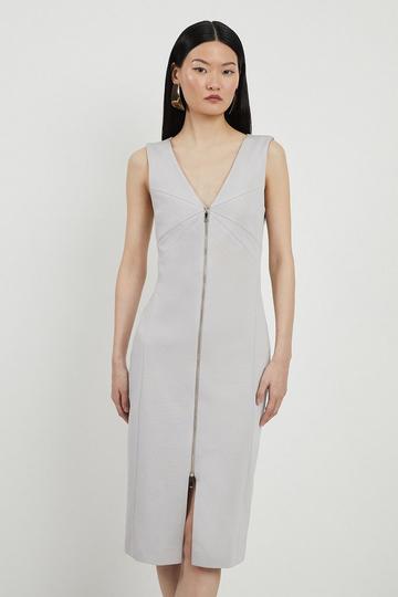 Grey Italian Structured Stretch Zip Through Pencil Tailored Midaxi Dress