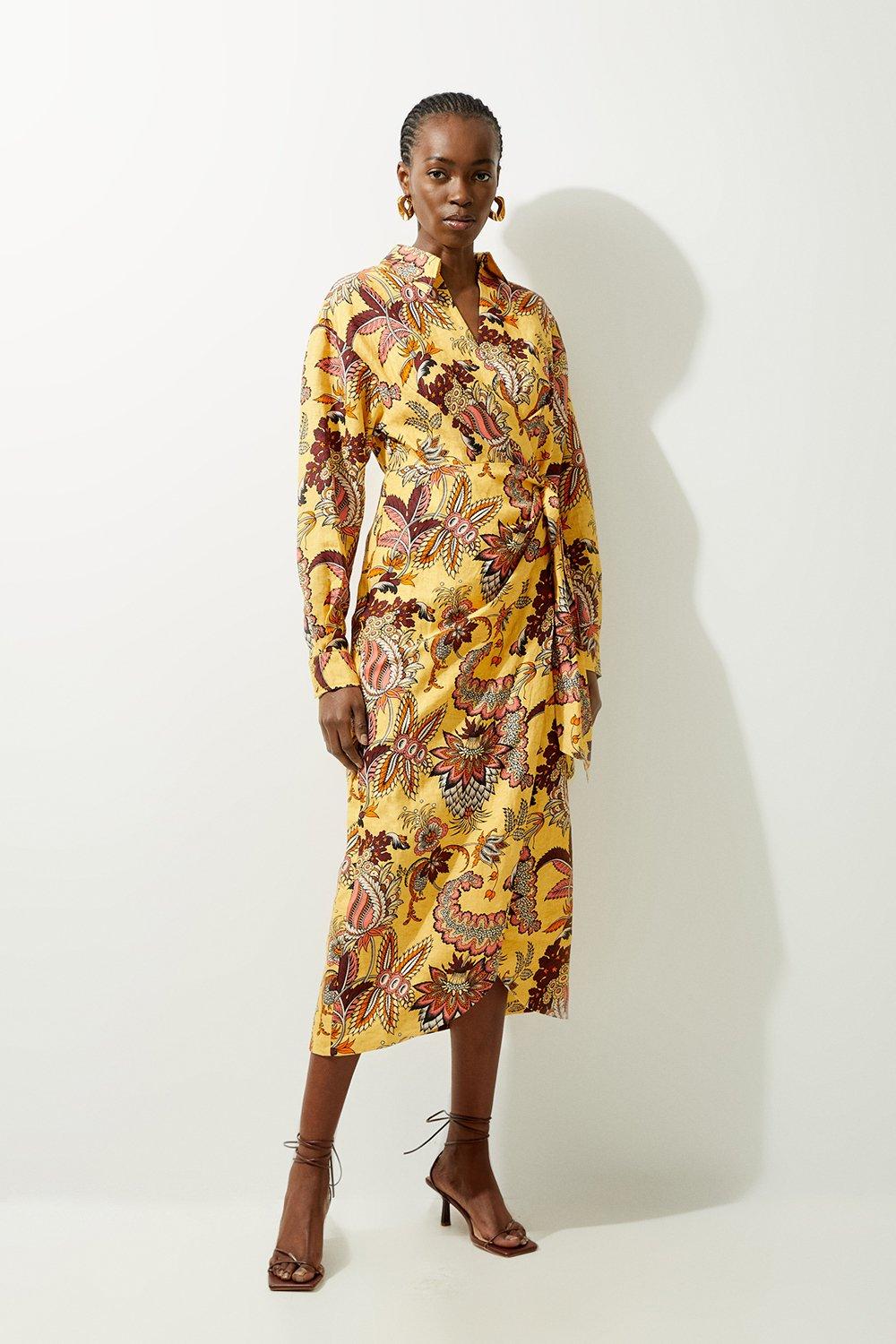 Petite Viscose Linen Woven Shirt Midi Dress - Floral