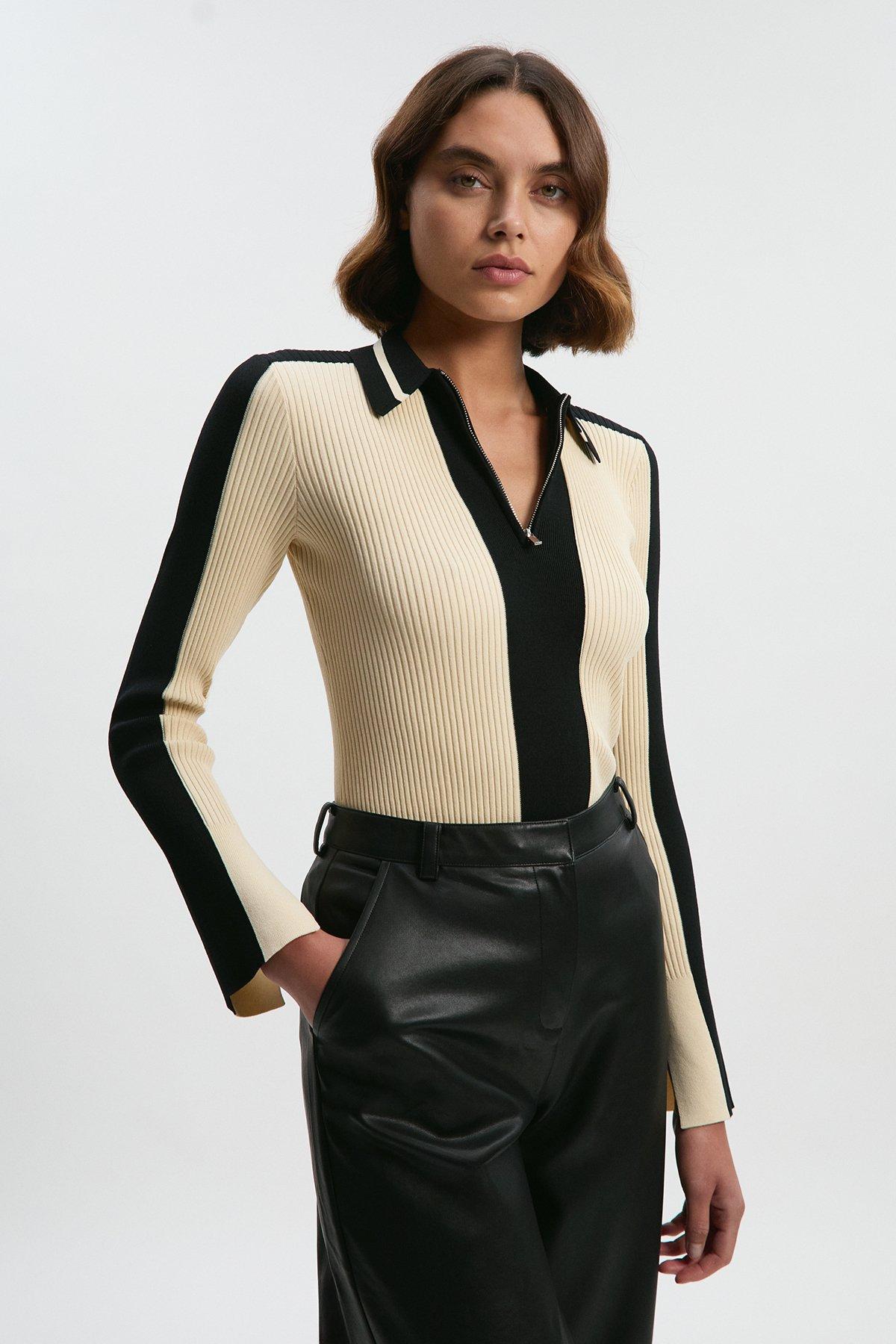 Rib Knit Polo Zip Up Top - Cream