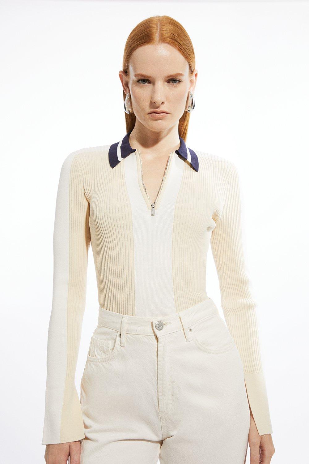 Rib Knit Polo Zip Up Top - Natural