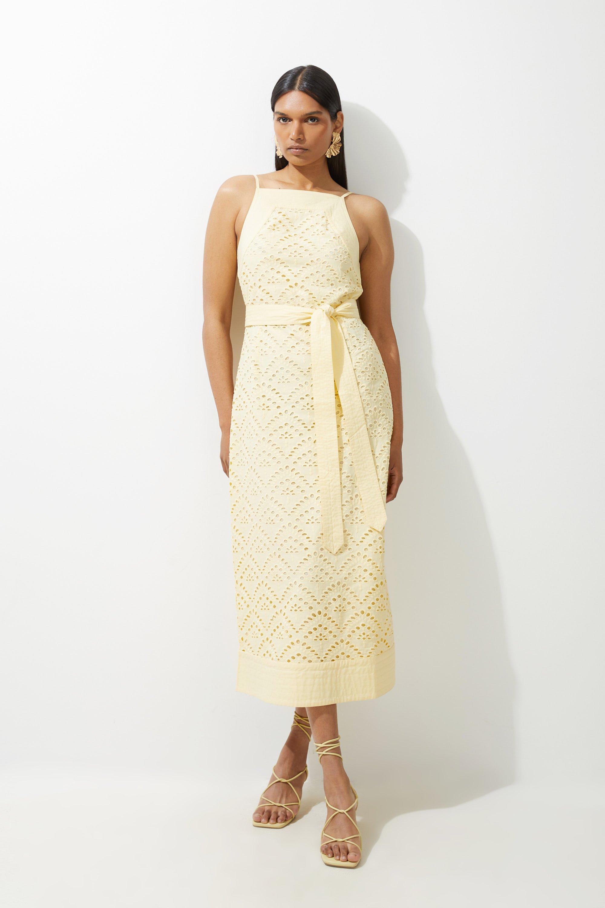 Cotton Broderie Woven Belted Midi Dress - Yellow