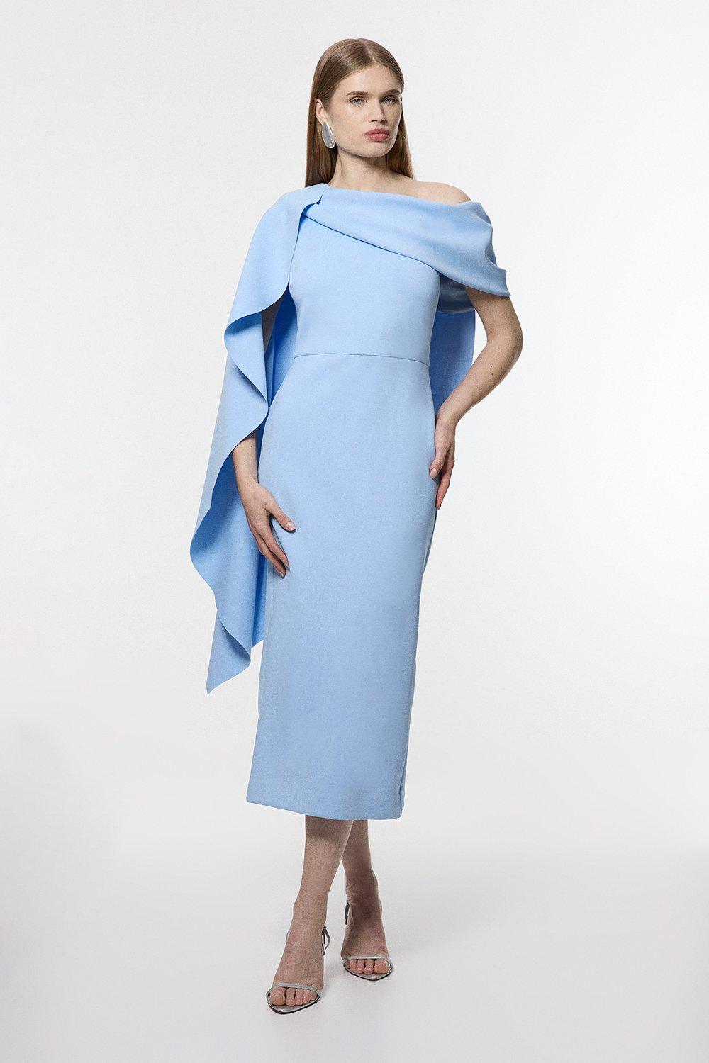 Scuba Drama Shoulder Detail Woven Midi Dress - Baby Blue