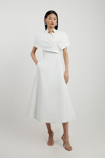 Structured Crepe Cape Detail Full Skirted Tailored Midi Dress ivory