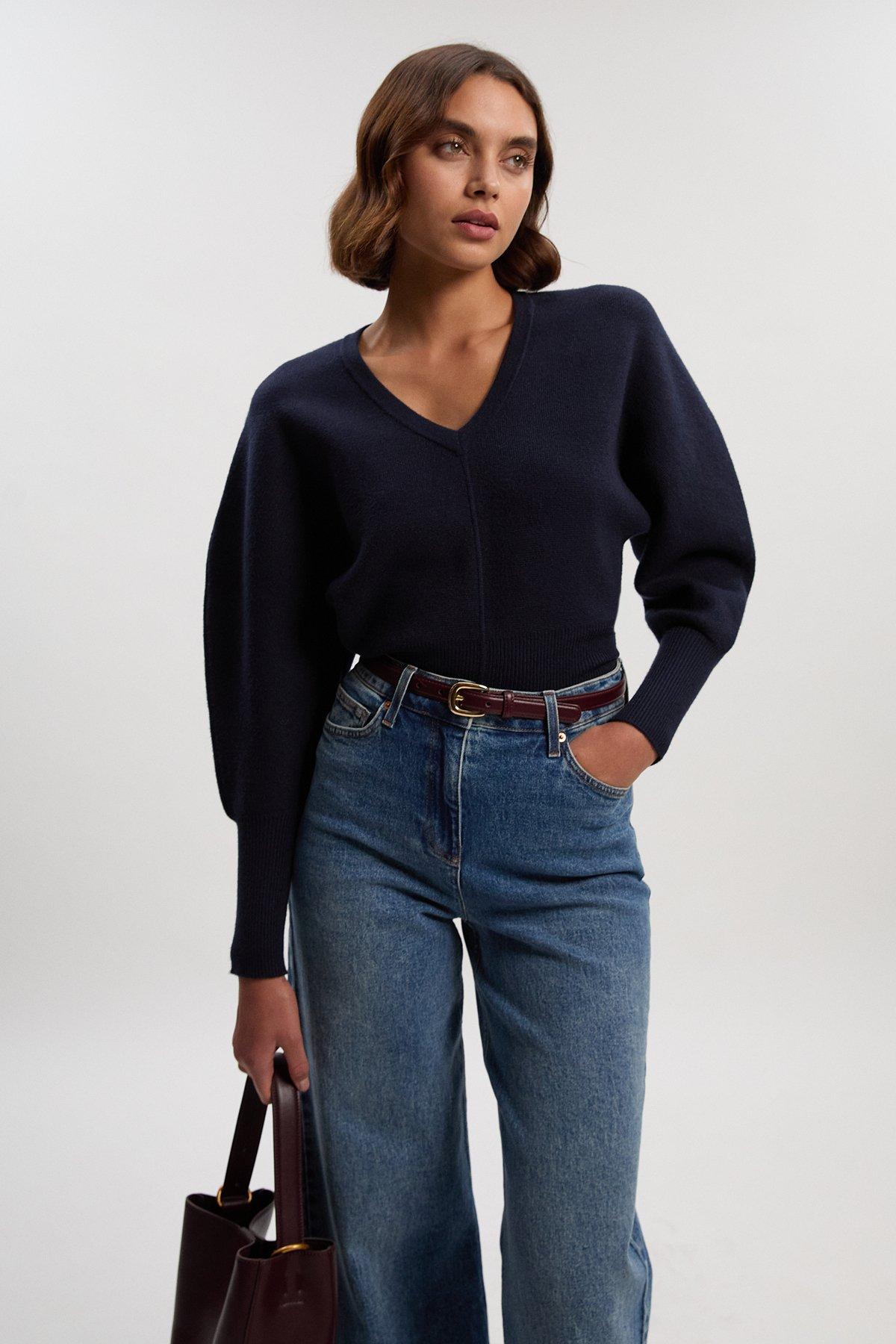 Compact Wool Look V Neck Batwing Knit Jumper - Navy