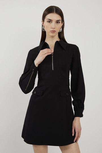 Black Tailored Ponte Mini Shirt Dress