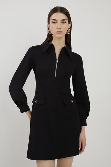 Black Petite Tailored Ponte Mini Shirt Dress