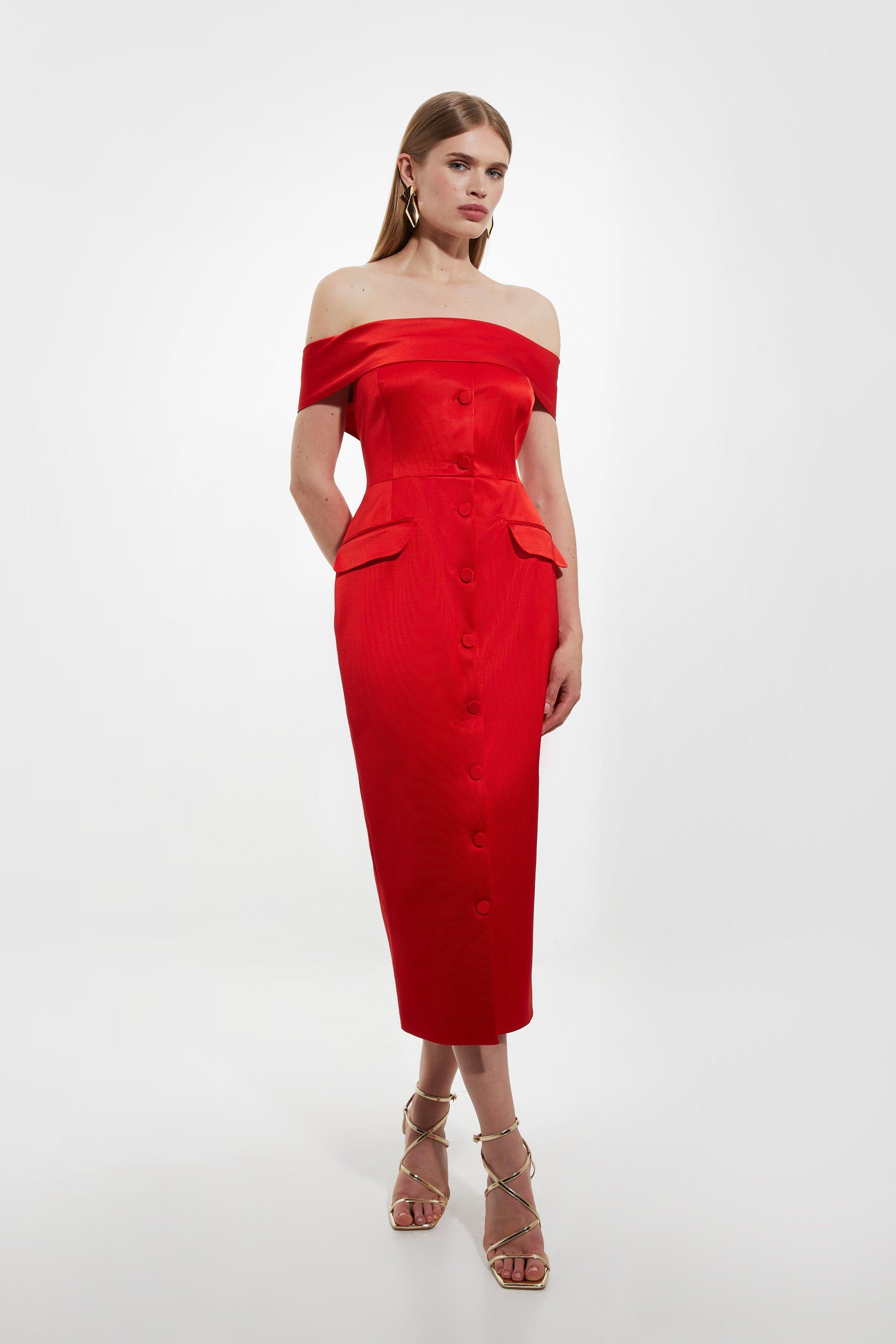 Italian Structured Rib Bardot Button Through Tailored Midi Dress - Red