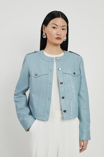 Blue Leather Button Collarless Jacket