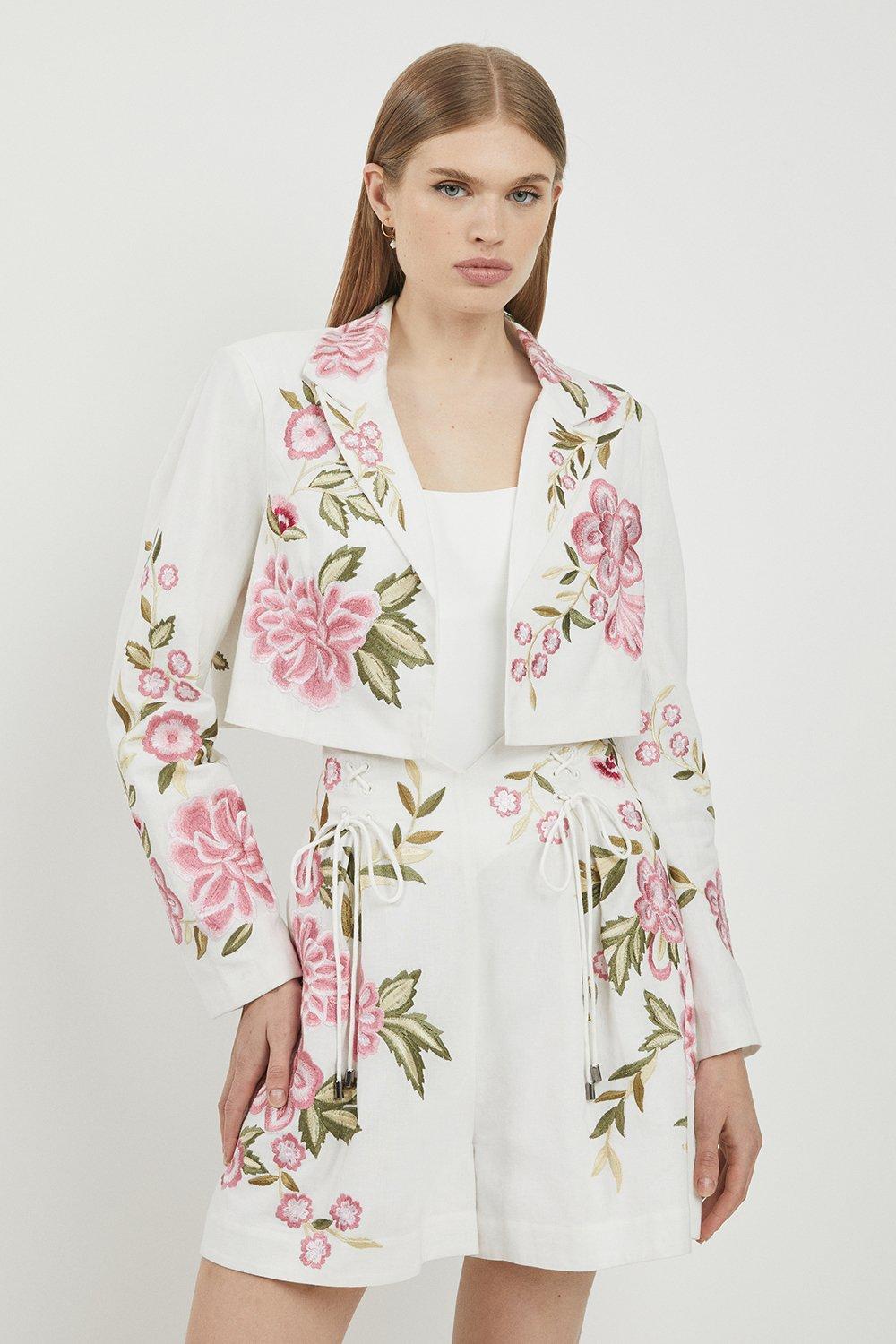 Lydia Millen Linen Embroidery Woven Cropped Blazer - Natural