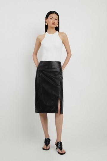 Black Leather Knee Length Pencil Skirt