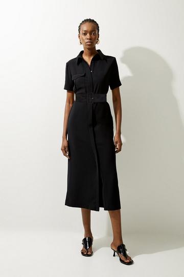 Tailored Crepe Pocket Detail Short Sleeved Belted Midi Shirt Dress black