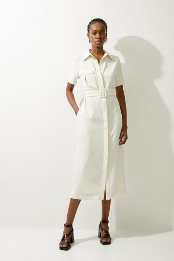 Ivory White Tailored Crepe Pocket Detail Short Sleeved Belted Midi Shirt Dress