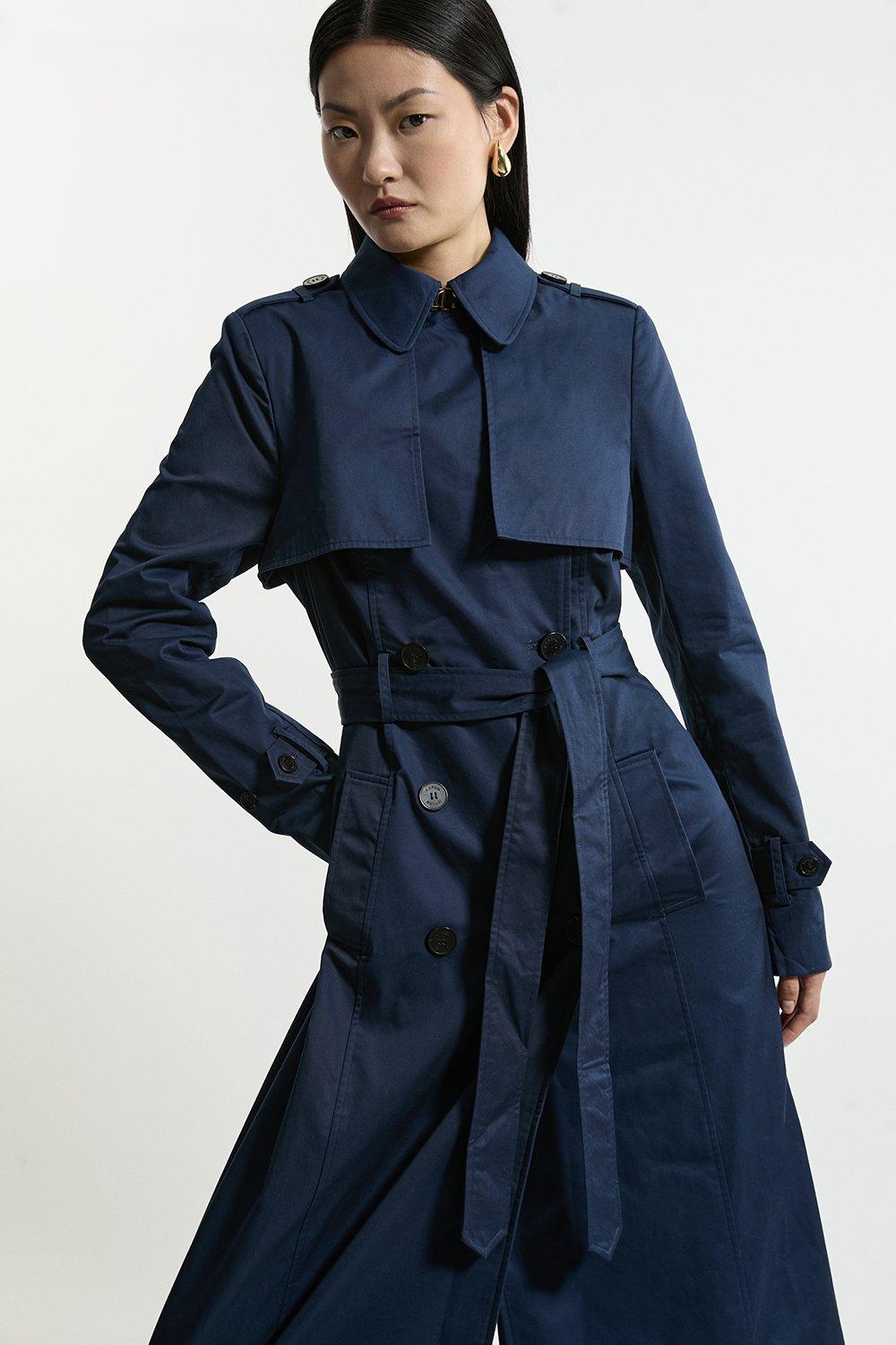 Tailored Wrap Storm Flap Belted Longline Trench Coat - Navy