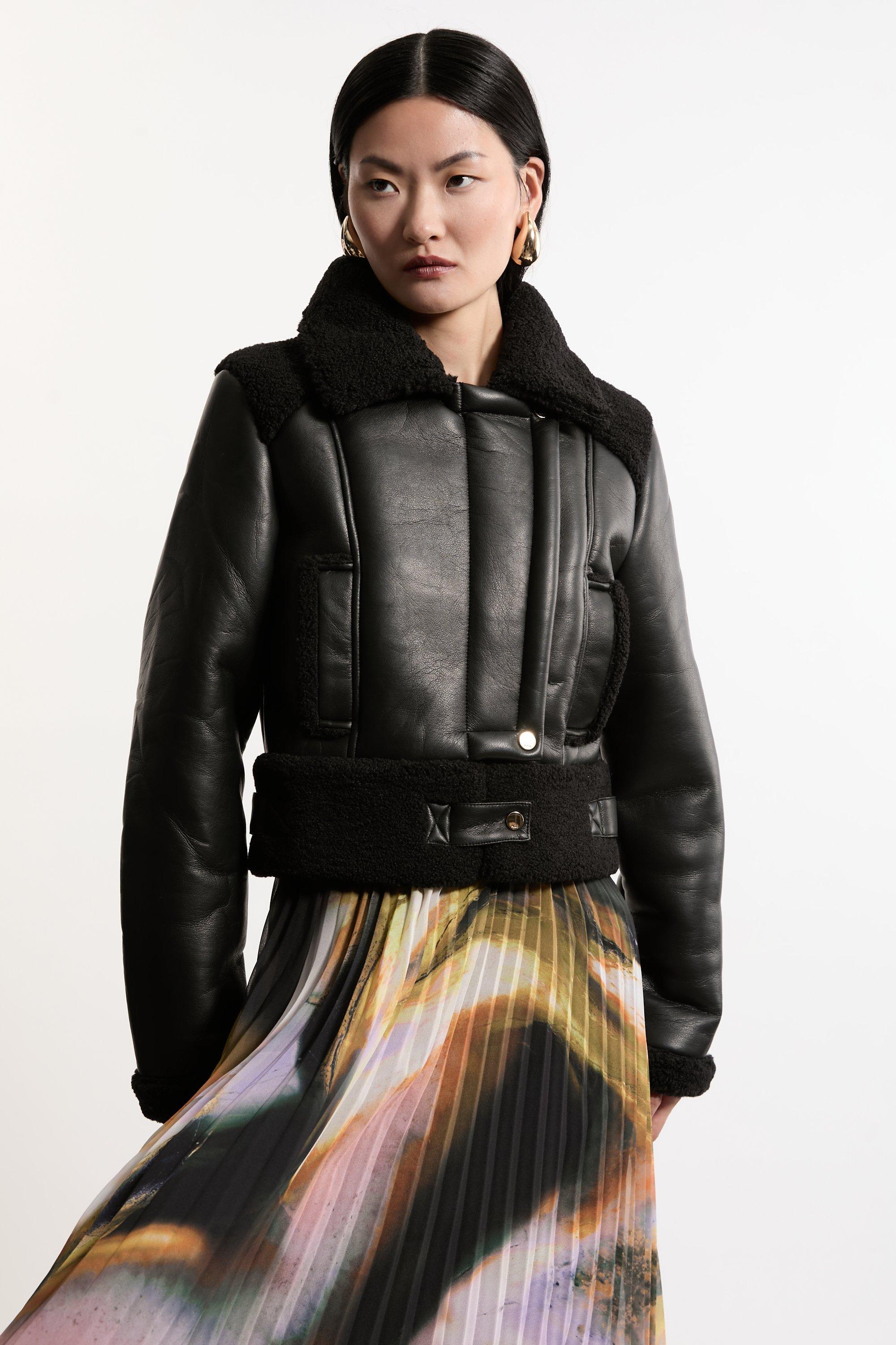 Faux Fur Aviator Crop Jacket - Black