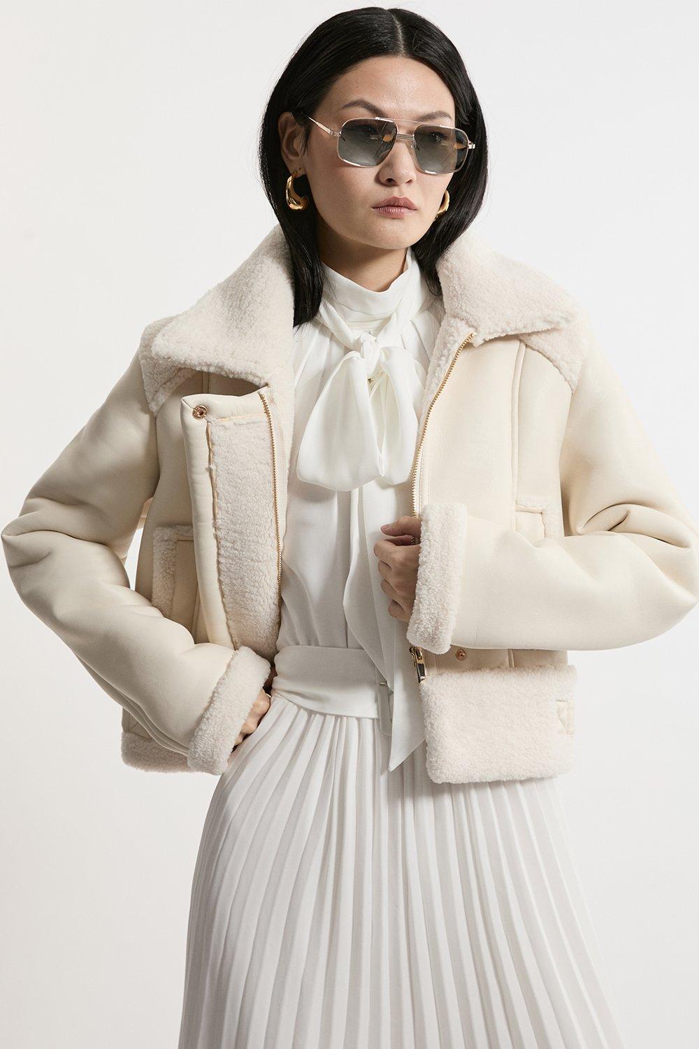 Faux Fur Aviator Crop Jacket - Cream