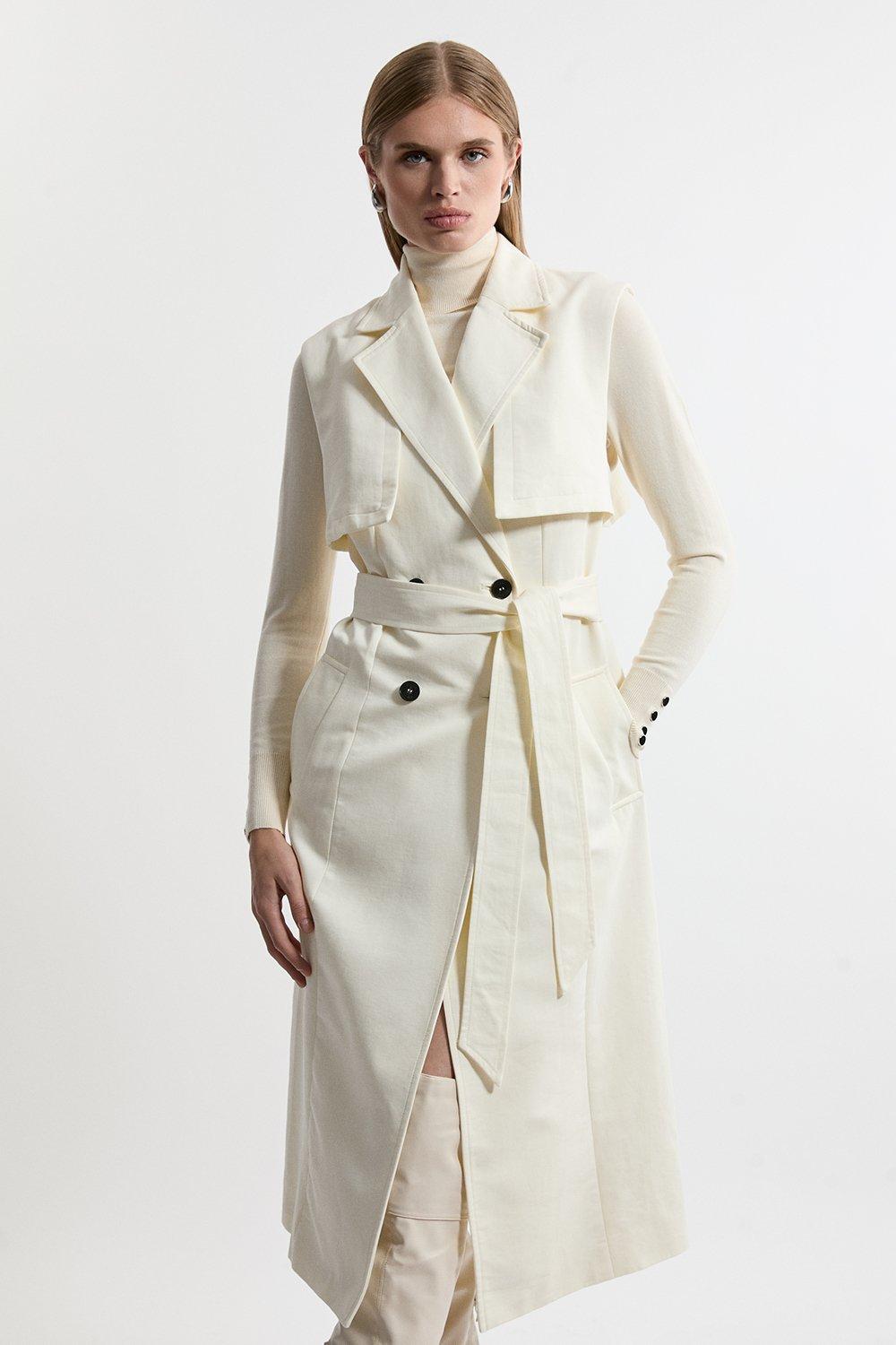 Tailored Sleeveless Belted Trench Coat - Ivory