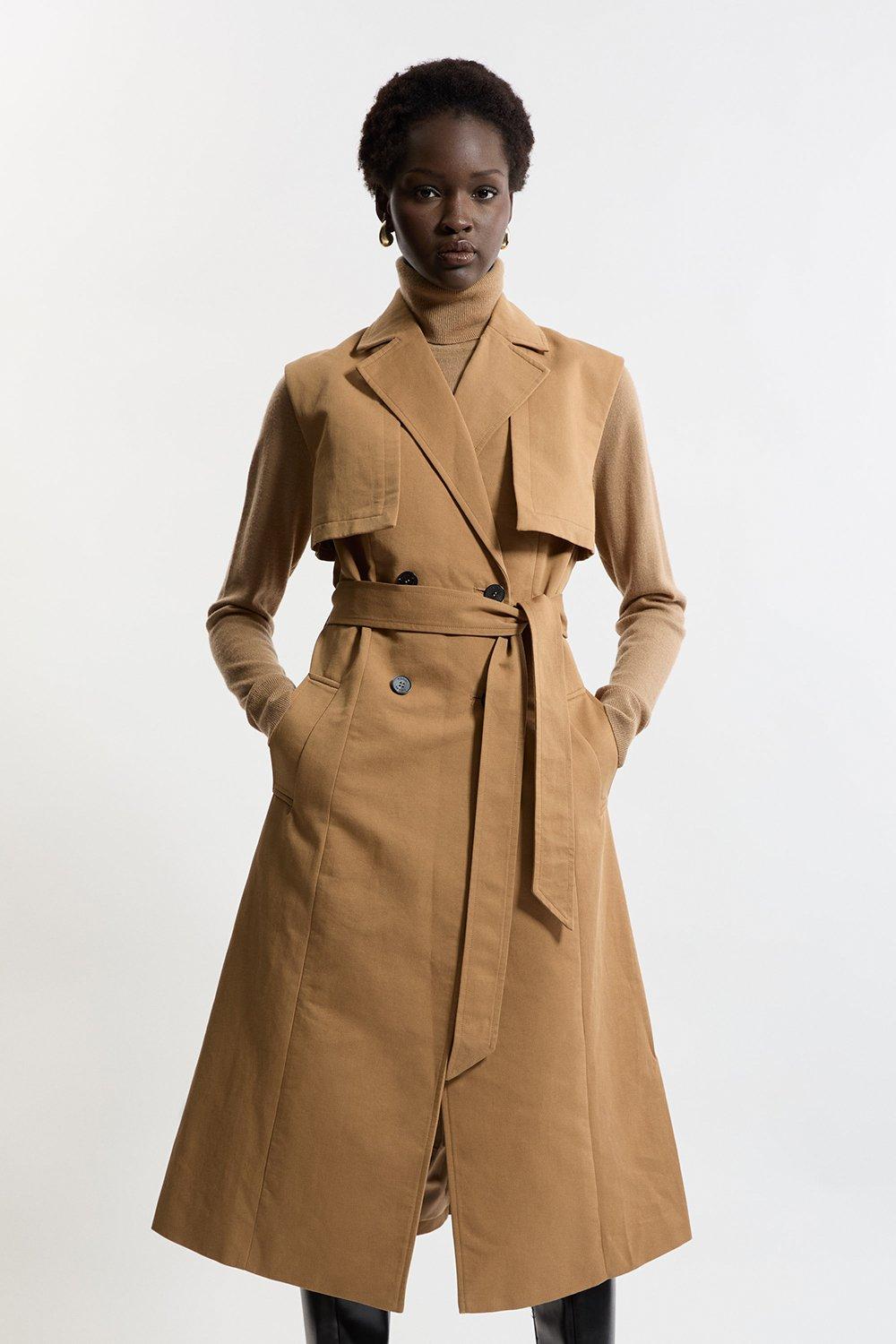 Tailored Sleeveless Belted Trench Coat - Tan