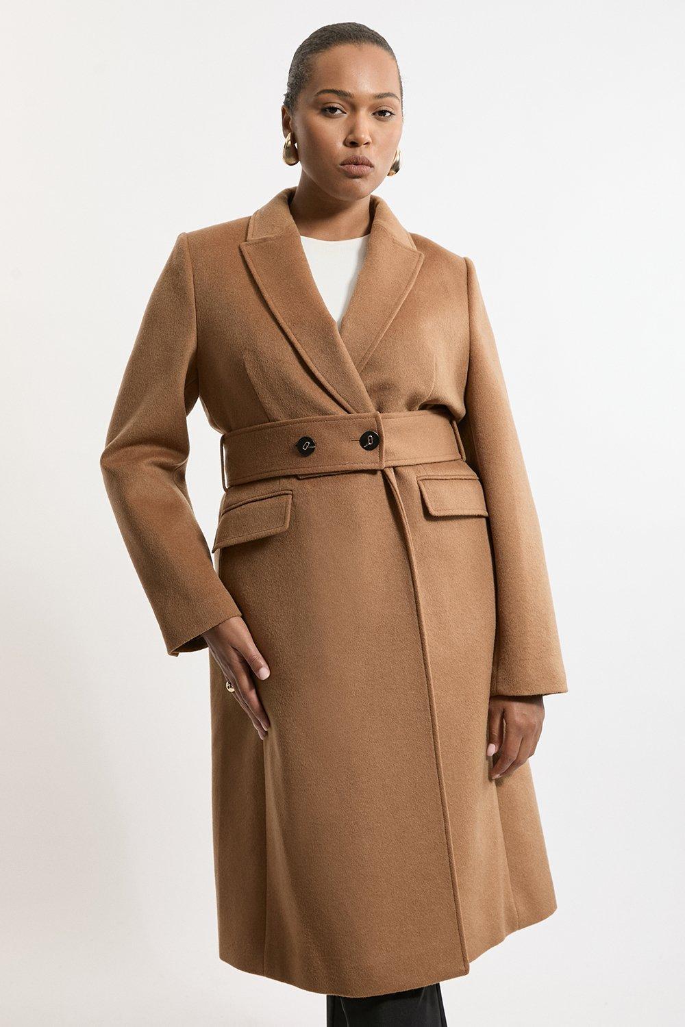 Plus Size Tailored Wool Blend Belted Midi Coat - Camel