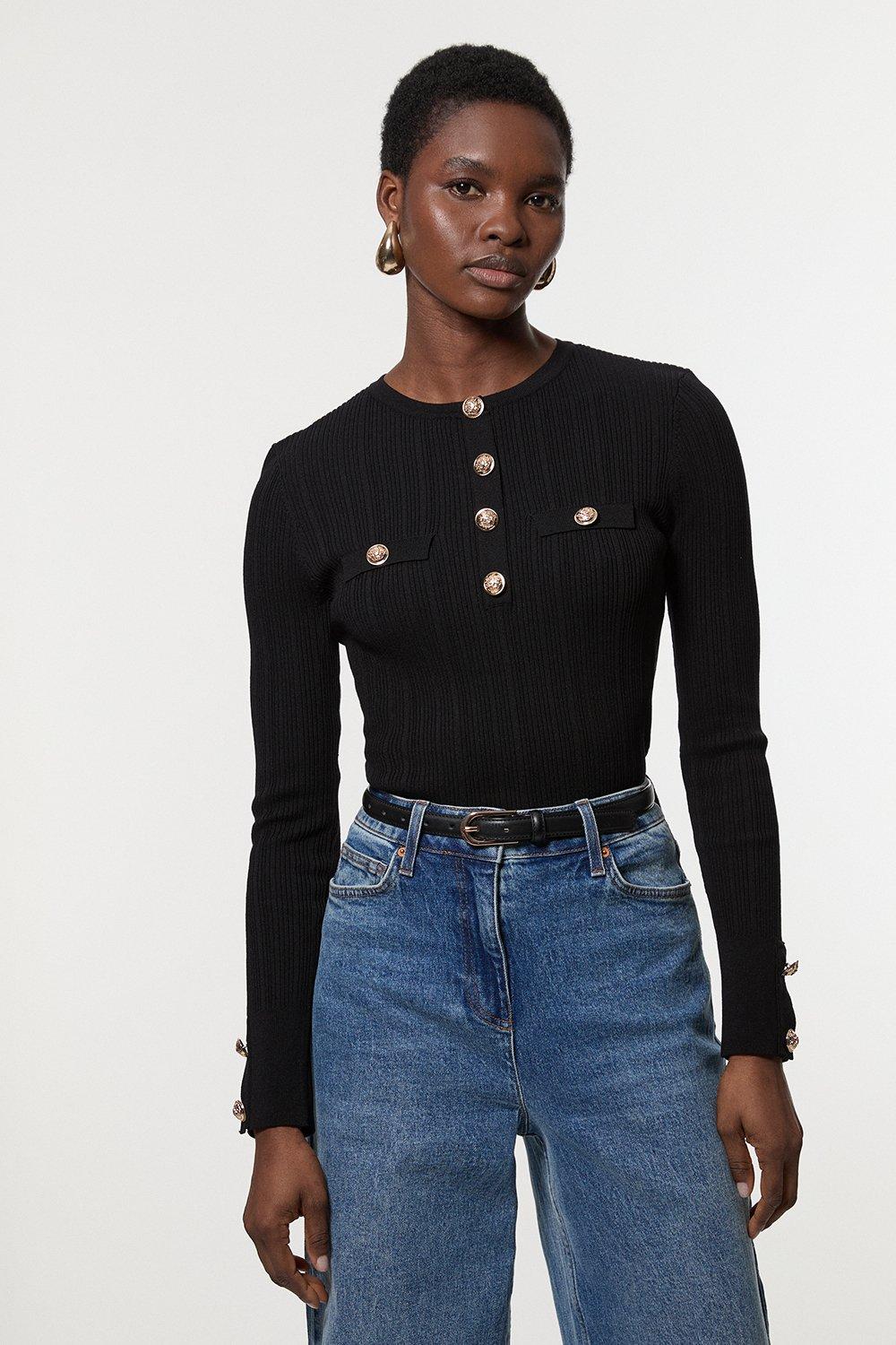 Military Trim Rib Long Sleeve Knit Top – Black