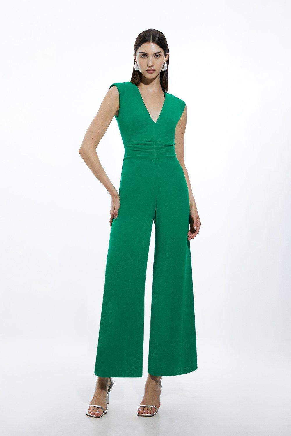 Fluid Tailored Ruched Waist Detail Wide Leg Jumpsuit - Green