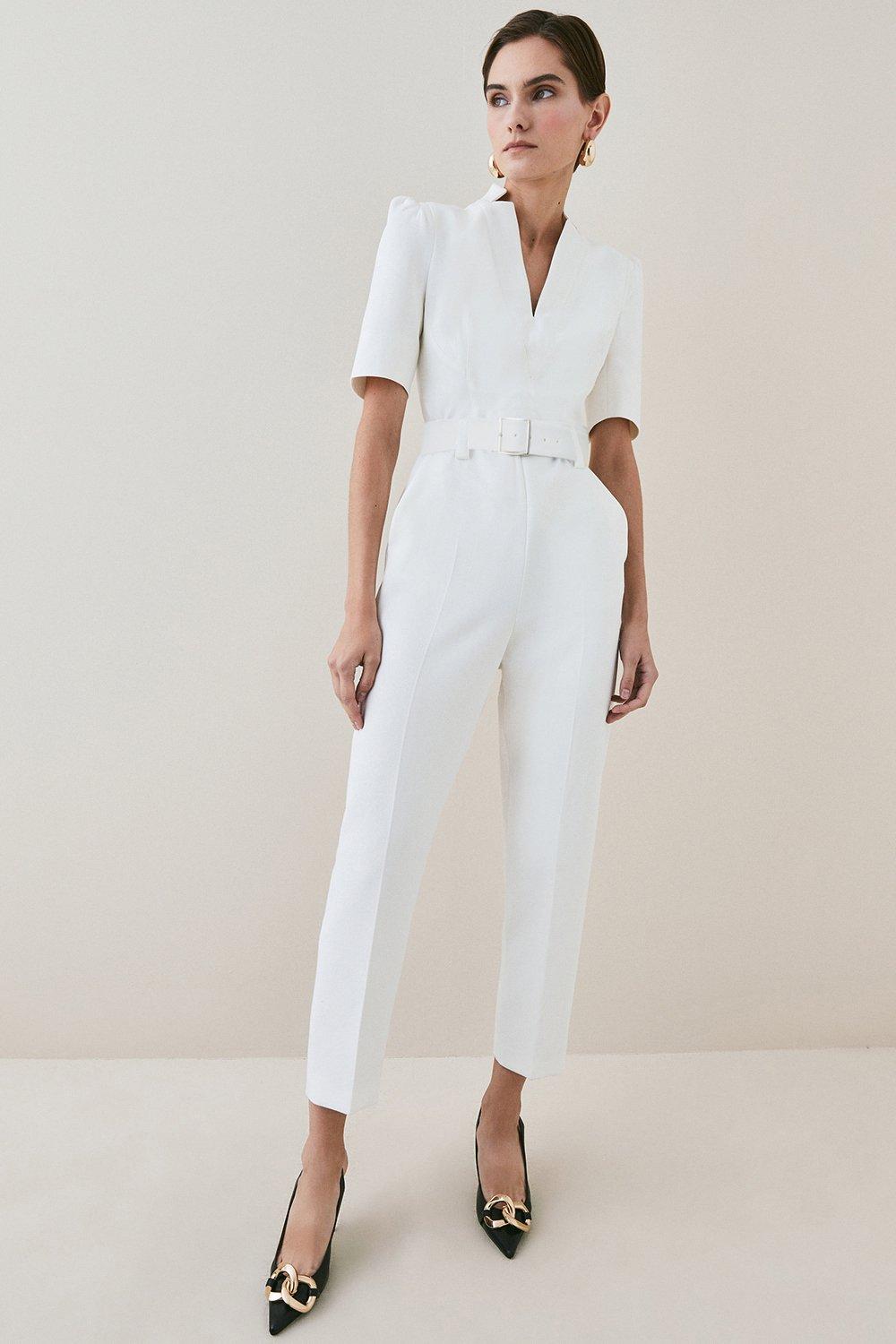 Petite Structured Crepe Forever Belted Jumpsuit - Ivory