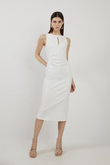 Ivory White Compact Stretch Keyhole Neck Tailored Midi Dress